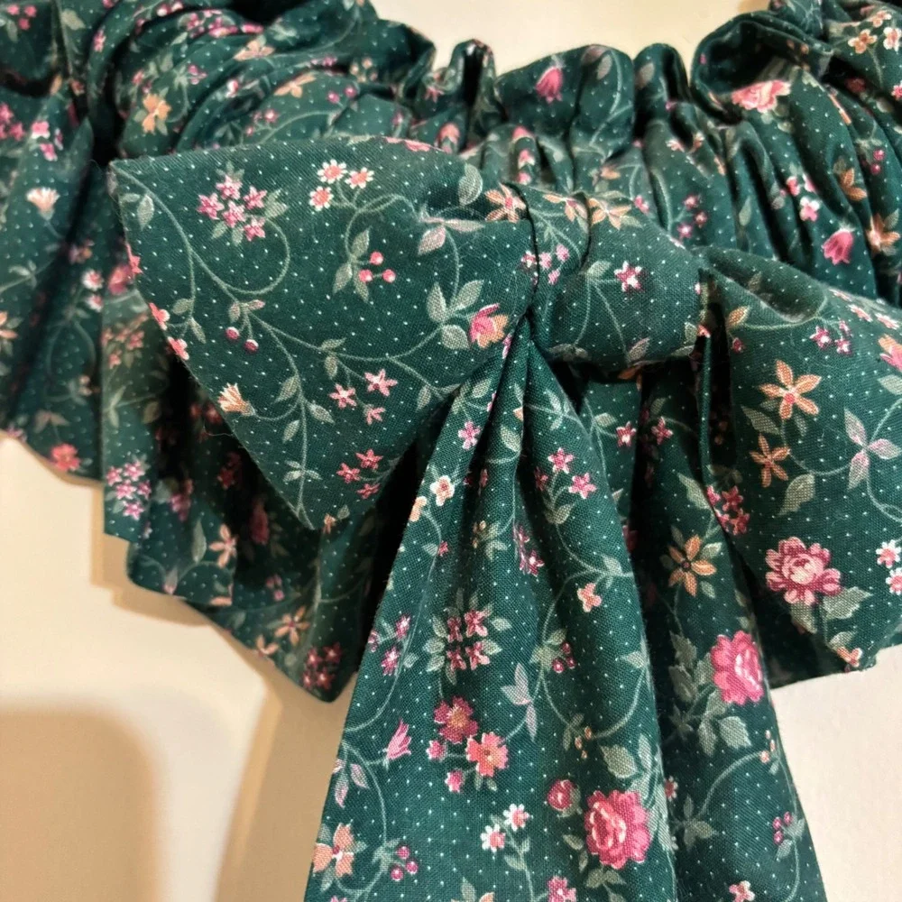 Handmade Forest Green Floral Calico Oversized Bow Scrunchie Wreath Cottagecore